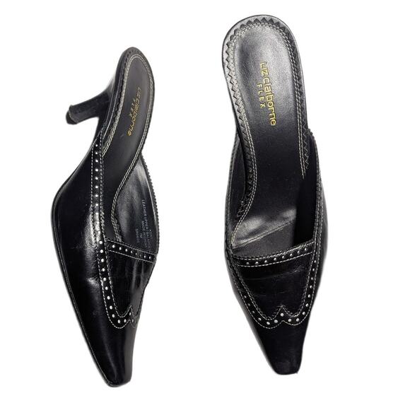 Vtg Y2K Liz Claiborne Black Leather Pointed Toe Wingtip Kitten Heel Mules Sz 7 - Picture 1 of 7